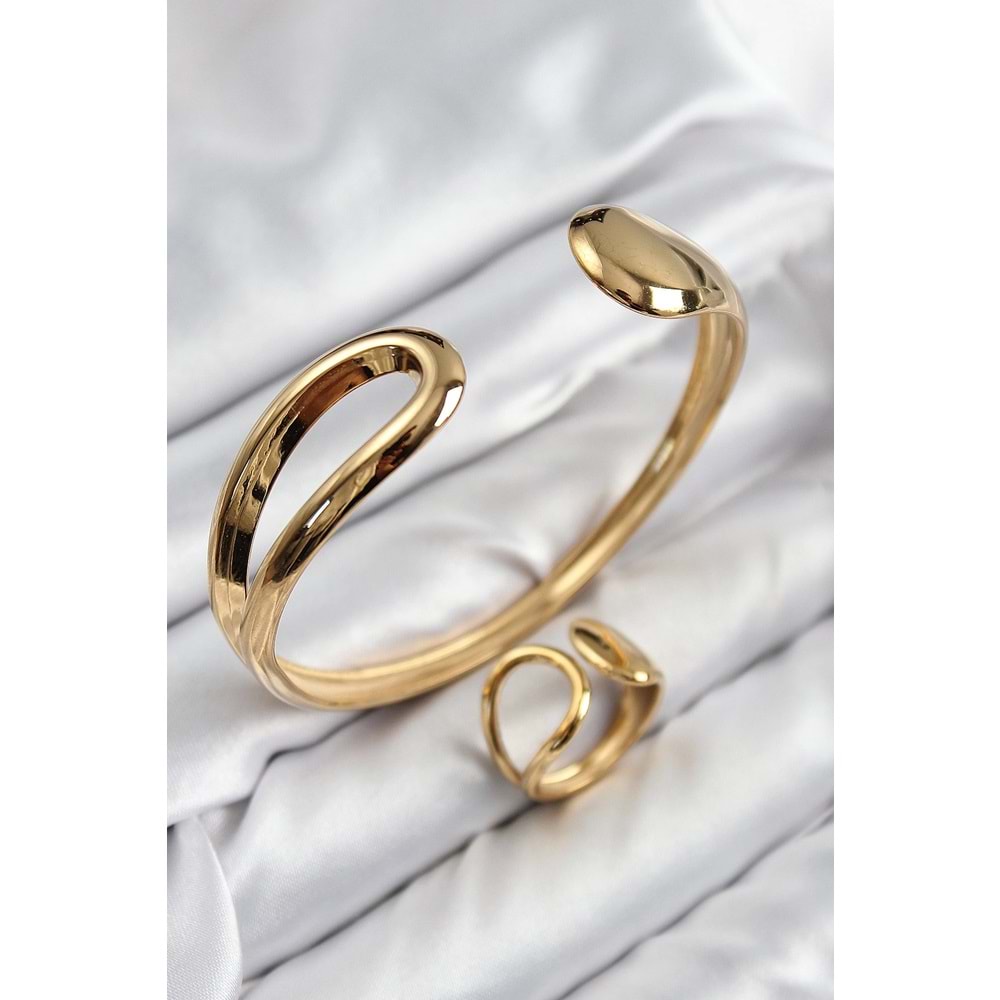 Pirinç Ayrık Model Gold Renk Bileklik Yüzük Set