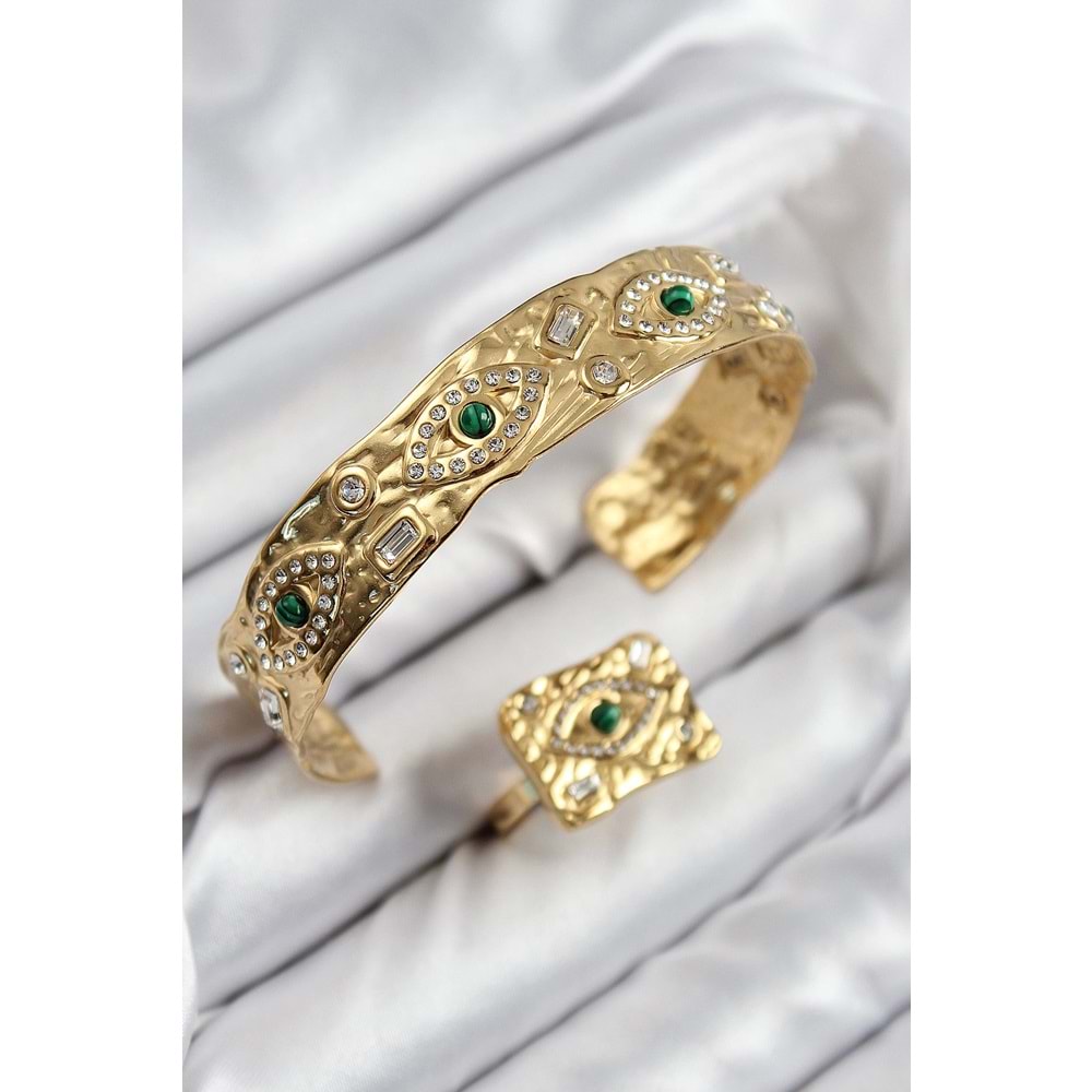 Pirinç Zirkon Taşlı Göz Model Gold Renk Bileklik Yüzük Set