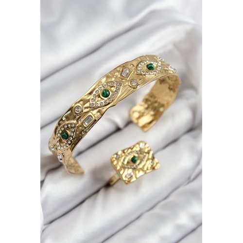 Pirinç Zirkon Taşlı Göz Model Gold Renk Bileklik Yüzük Set