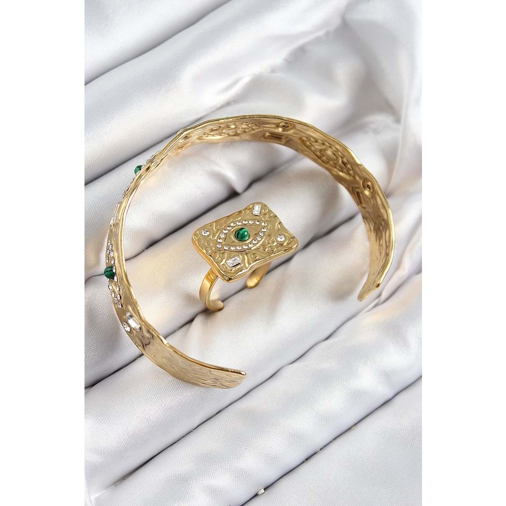Pirinç Zirkon Taşlı Göz Model Gold Renk Bileklik Yüzük Set