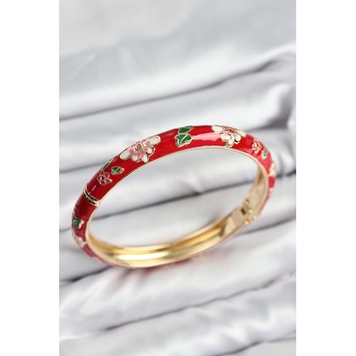 Mineli Pirinç Kırmızı Çiçek Motifli Gold Kadın Kelepçe