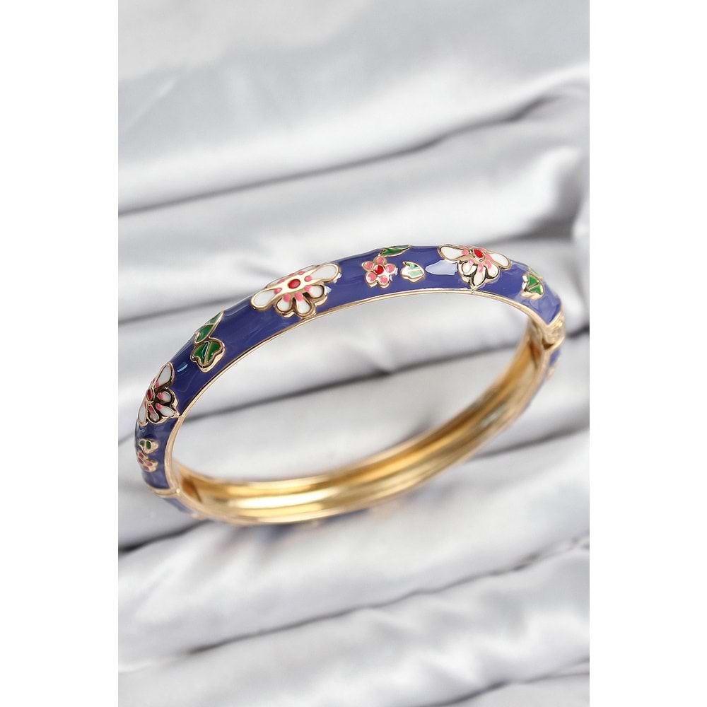 Mineli Pirinç Mor Çiçek Motifli Gold Kadın Kelepçe