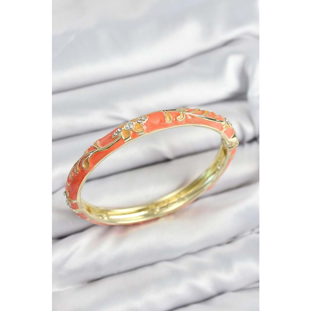 Mineli Pirinç Zirkon Taşlı Turuncu Çiçek Motifli Gold Kadın Kelepçe
