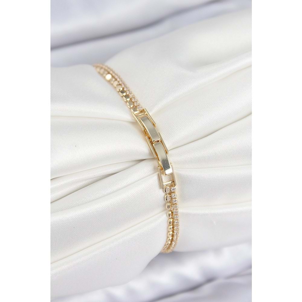 Pirinç Zirkon Taşlı Ezme Zincirli Kalp Model Gold Renk Kadın Bilekilk