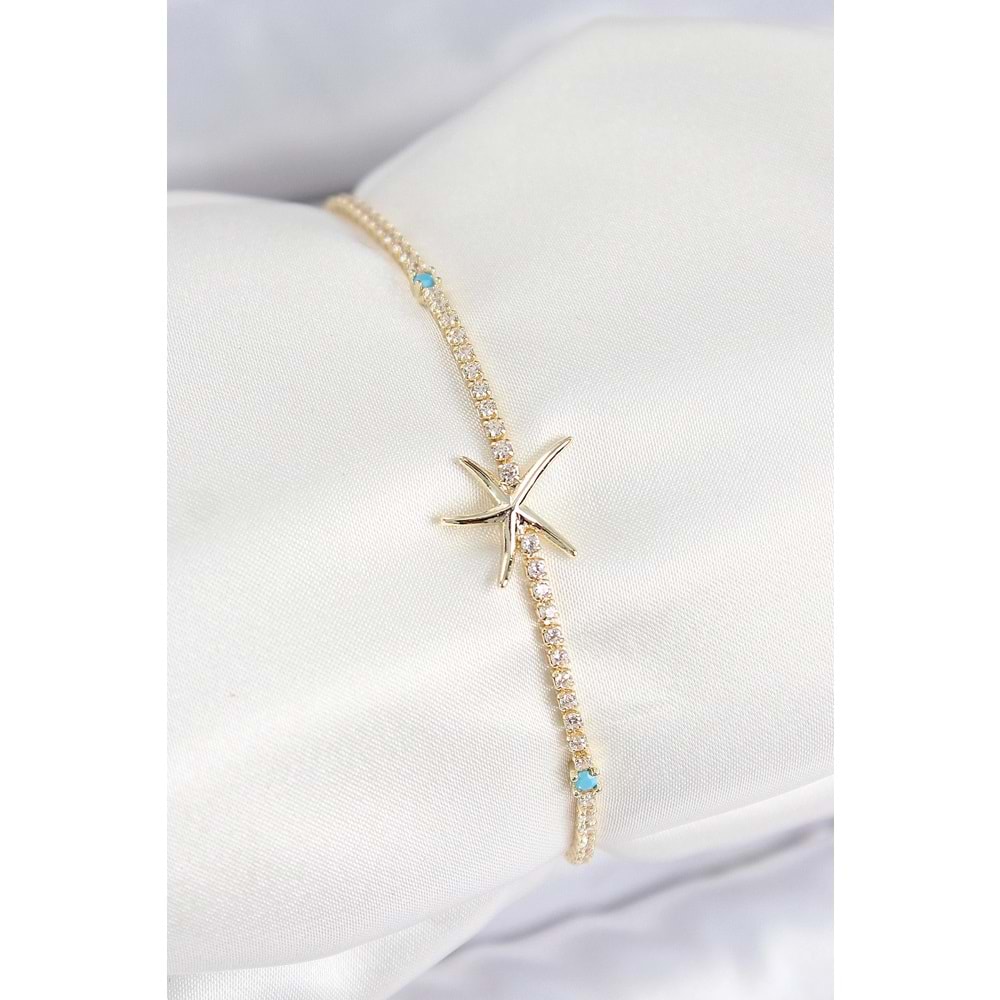 Pirinç Zirkon Taşlı Deniz Yıldızı Model Gold Renk Kadın Bilekilk