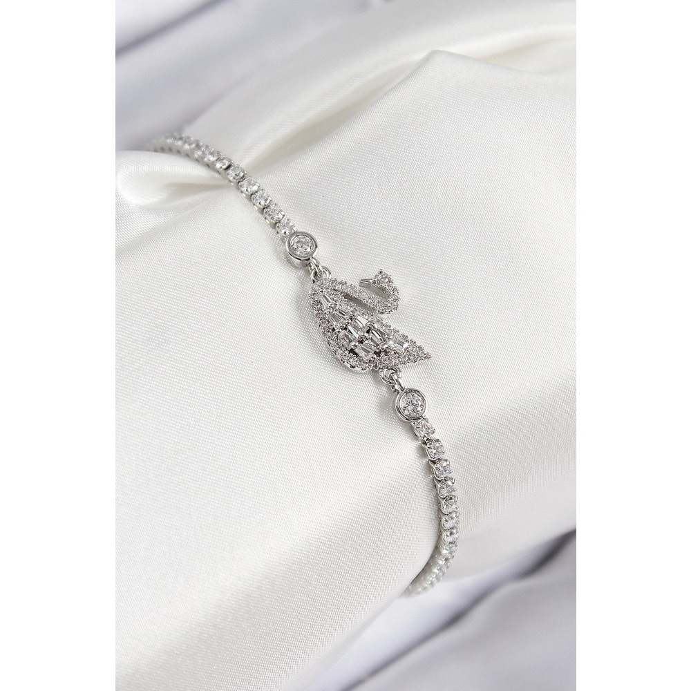 Pirinç Zirkon Taşlı Kuğu Model Gümüş Renk Kadın Bileklik