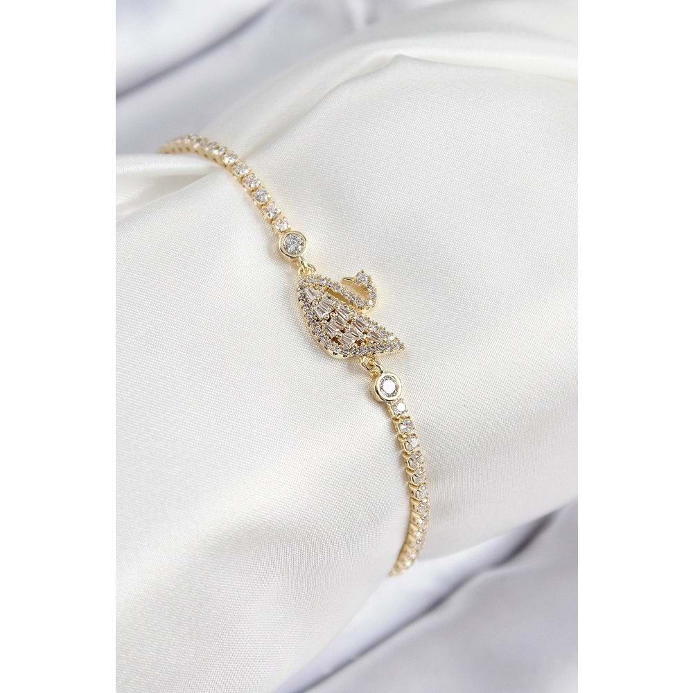 Pirinç Zirkon Taşlı Kuğu Model Gold Renk Kadın Bileklik