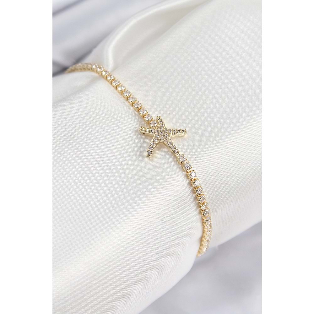 Pirinç Zirkon Taşlı Deniz Yıldızı Model Gold Renk Kadın Bileklik