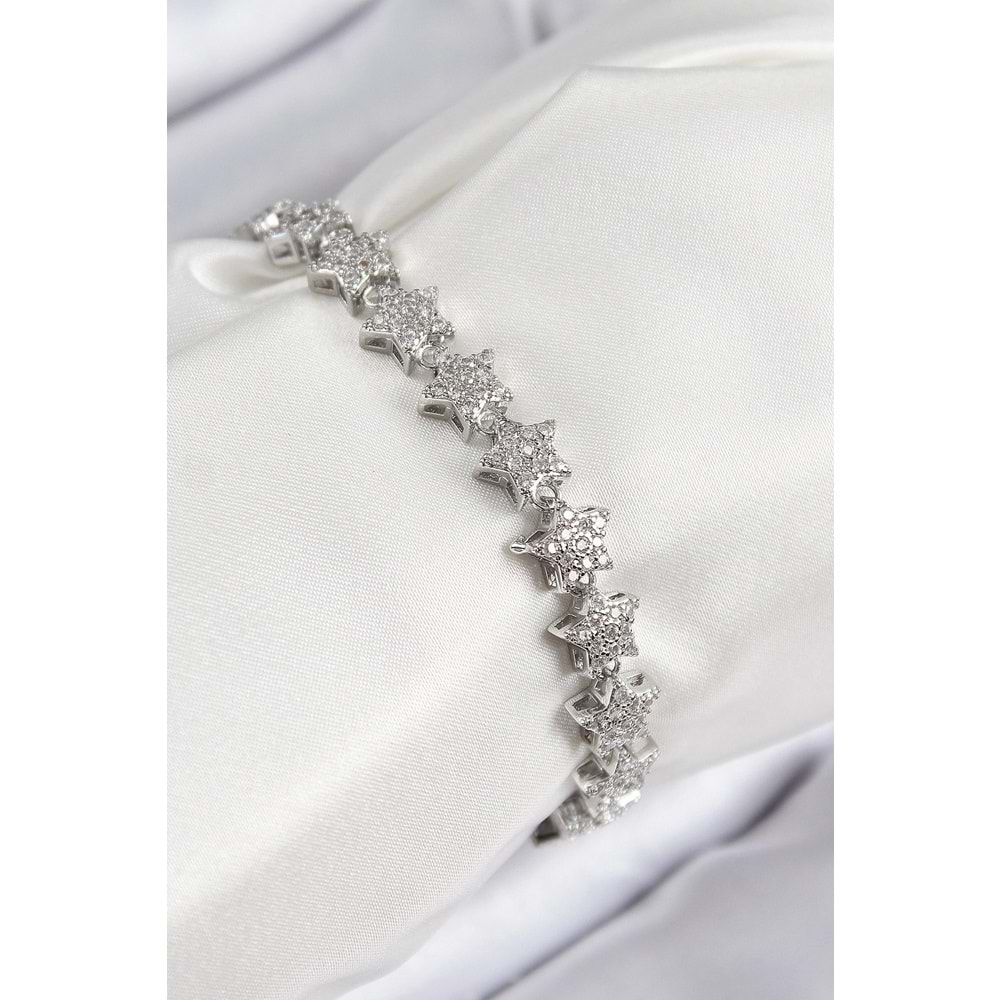 VIP Seri Pirinç Zirkon Taşlı Sıralı Yıldız Model Gümüş Renk Kadın Bileklik