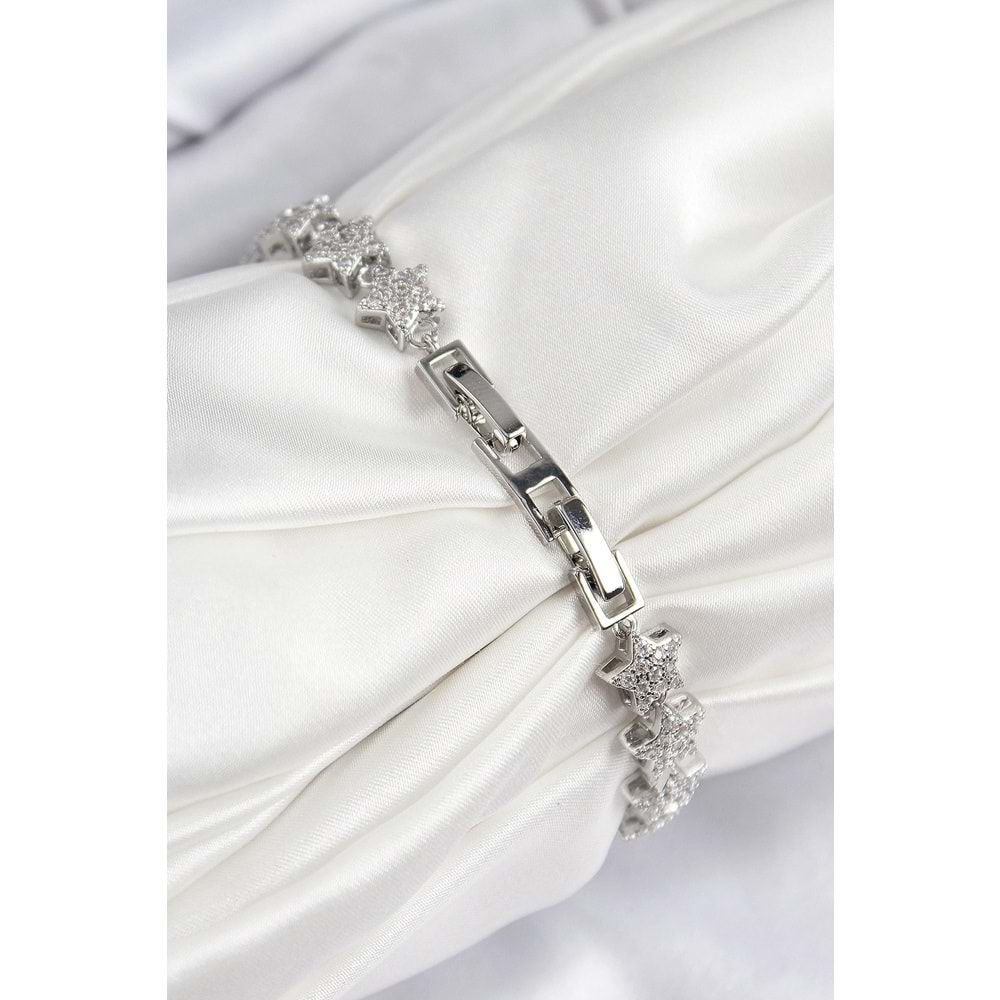 VIP Seri Pirinç Zirkon Taşlı Sıralı Yıldız Model Gümüş Renk Kadın Bileklik