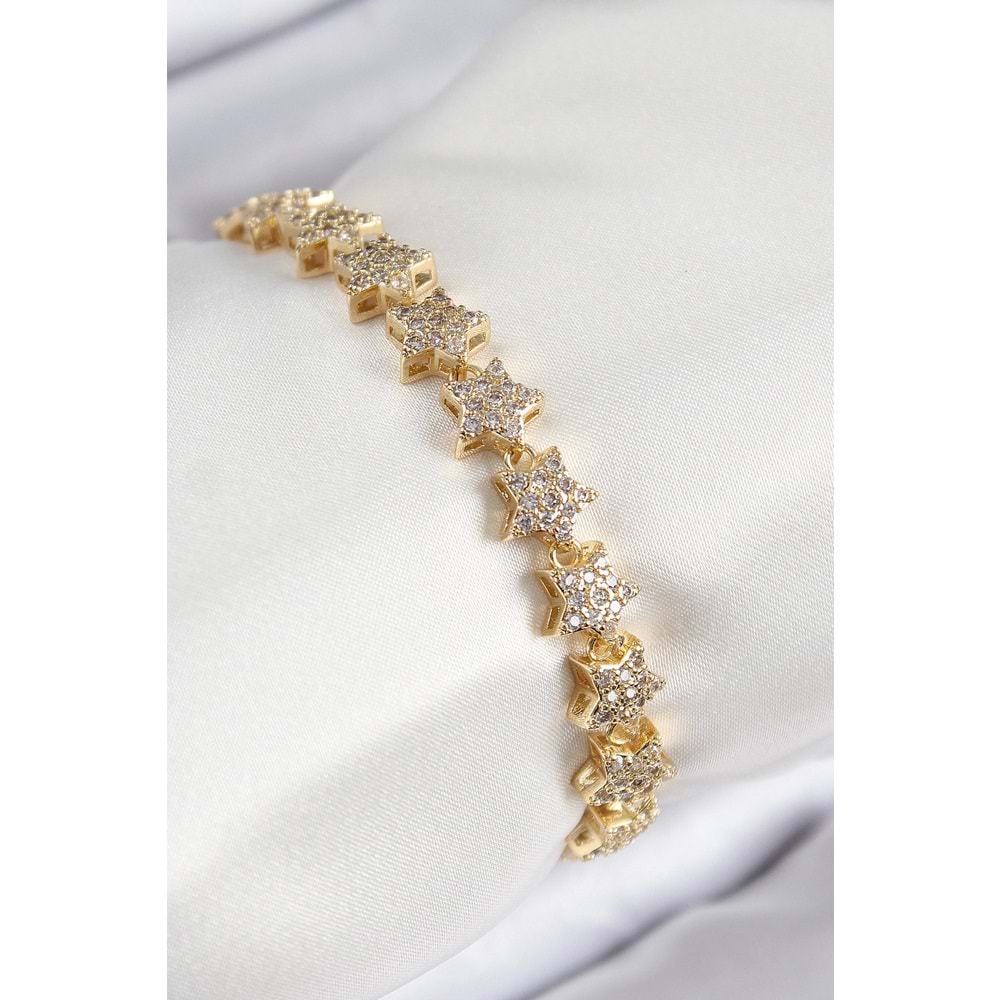 VIP Seri Pirinç Zirkon Taşlı Sıralı Yıldız Model Gold Renk Kadın Bileklik