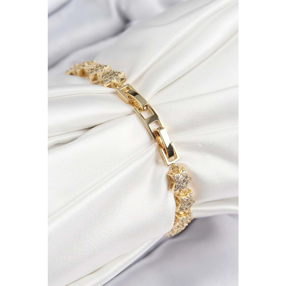 VIP Seri Pirinç Zirkon Taşlı Sıralı Yıldız Model Gold Renk Kadın Bileklik