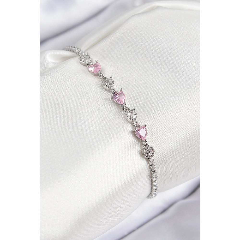 Pirinç Zirkon Taşlı Pembe Kalp Model Gümüş Renk Kadın Bileklik