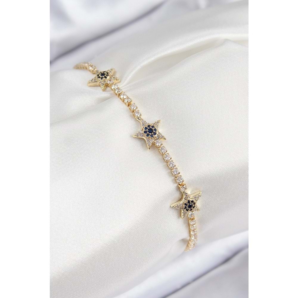 Pirinç Zirkon Taşlı Yıldız Model Gold Renk Kadın Bileklik