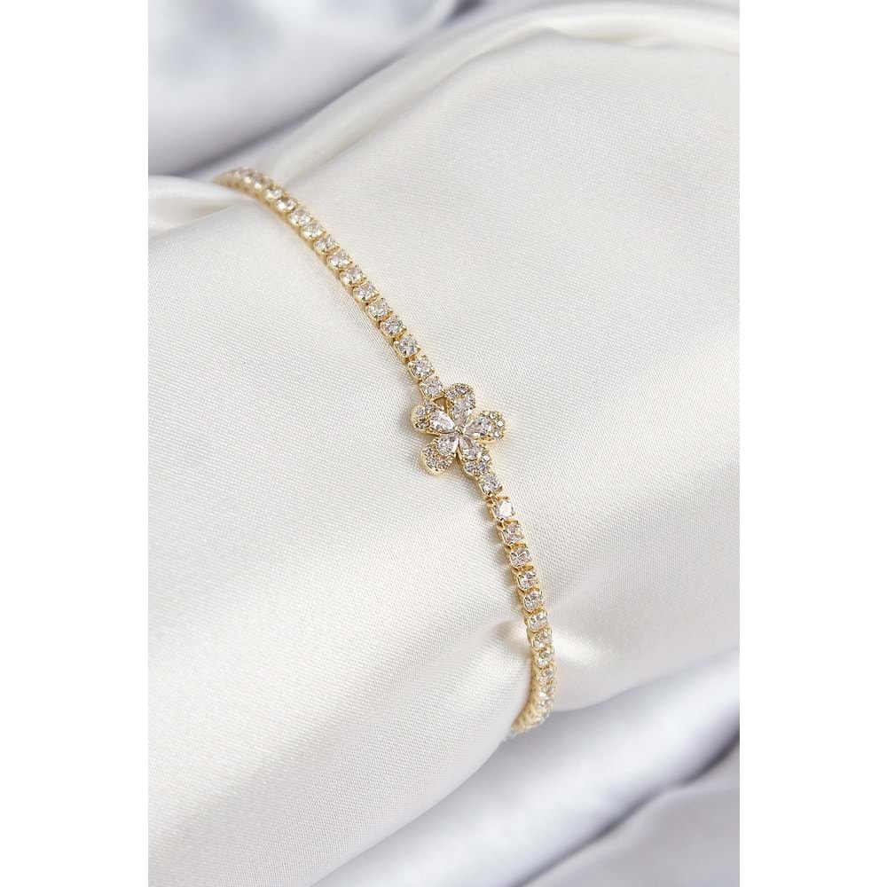 Pirinç Zirkon Taşlı Çiçek Model Gold Renk Kadın Bileklik