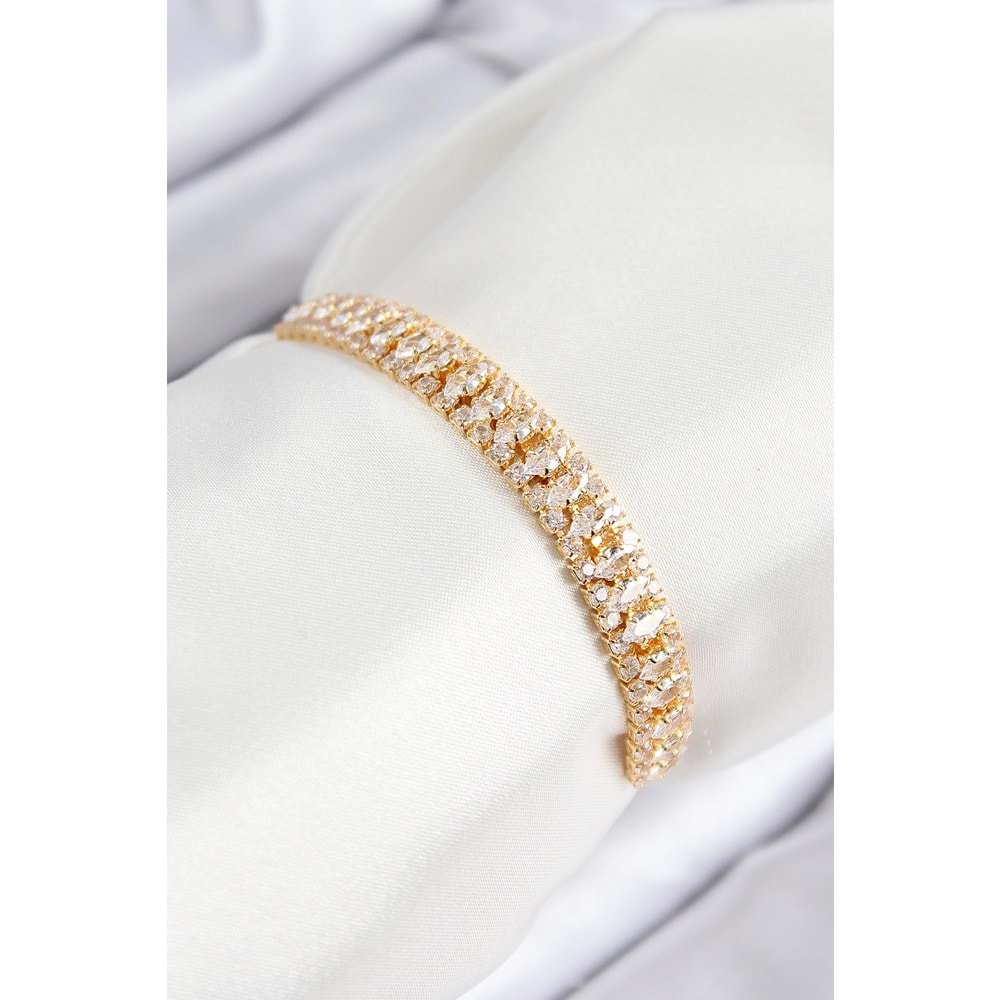 Pirinç Zirkon Taşlı Tennıs Model Gold Renk Asansörlü Kadın Bileklik