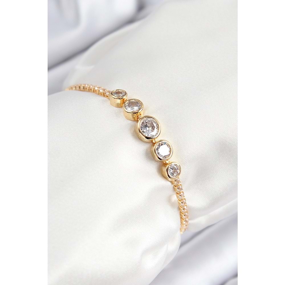 Pirinç Zirkon Taşlı Sıralı Daire Model Gold Renk Asansörlü Kadın Bileklik