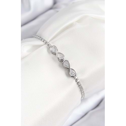 Pirinç Zirkon Taşlı Sonsuzluk Model Gümüş Renk Asansörlü Kadın Bileklik