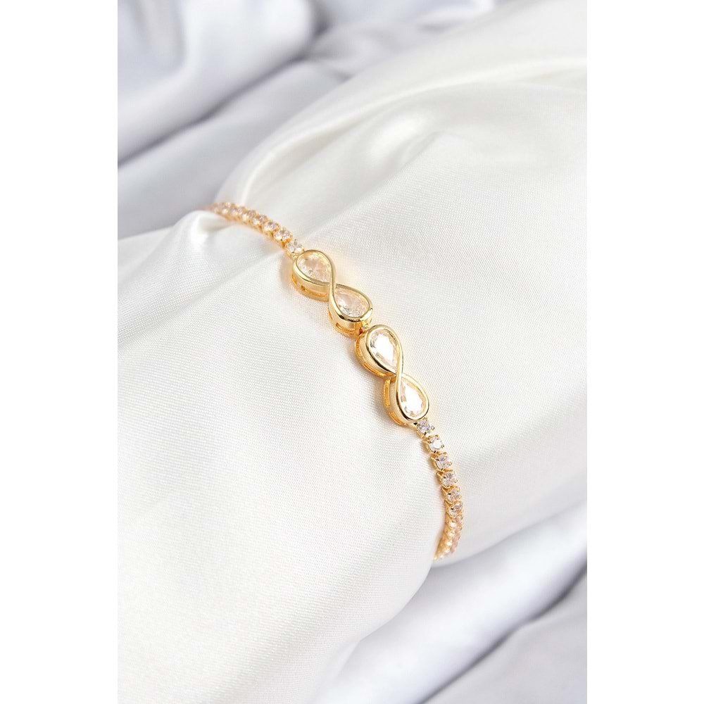 Pirinç Zirkon Taşlı Sonsuzluk Model Gold Renk Asansörlü Kadın Bileklik