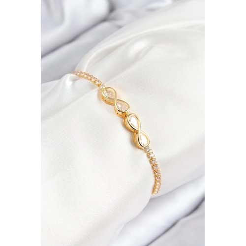 Pirinç Zirkon Taşlı Sonsuzluk Model Gold Renk Asansörlü Kadın Bileklik