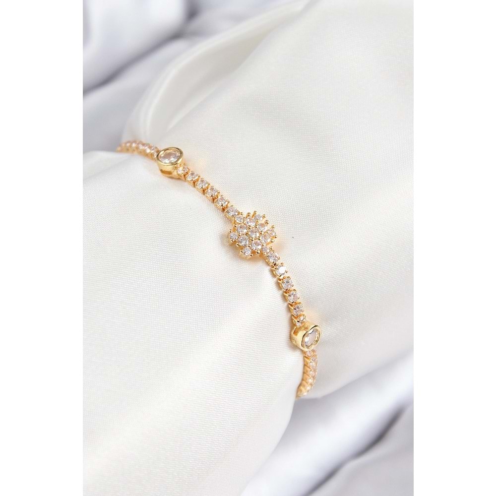 Pirinç Zirkon Taşlı Kar Tanesi Model Gold Renk Asansörlü Kadın Bileklik