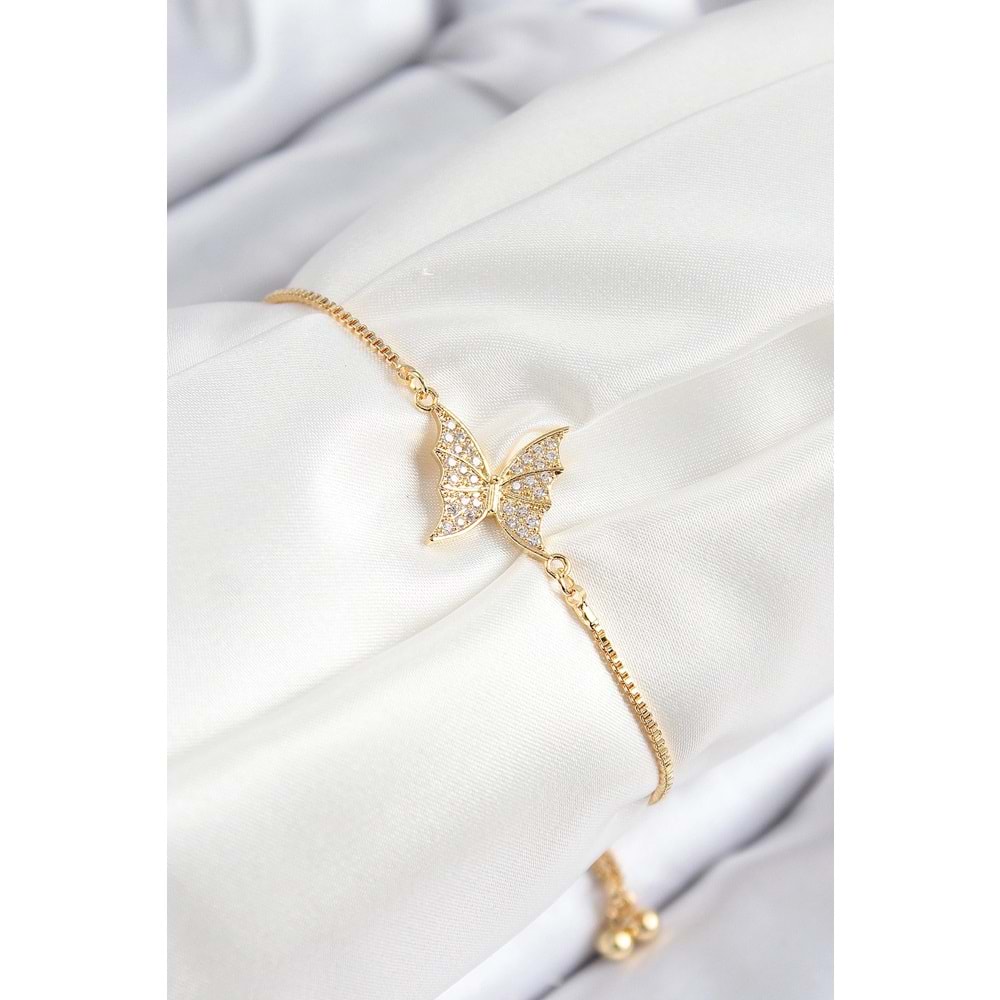 Pirinç Zirkon Taşlı Kelebek Model Gold Renk Asansörlü Kadın Bileklik