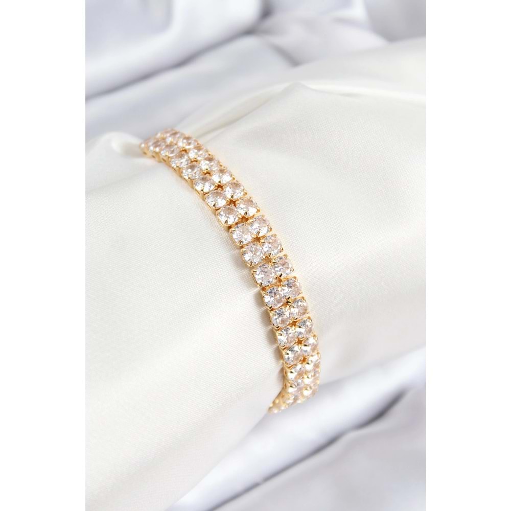 Pirinç Zirkon Taşlı Çift Sıra Kare Model Gold Renk Asansörlü Kadın Bileklik