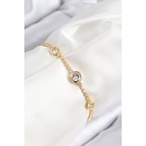Pirinç Zirkon Taşlı Daire Model Gold Renk Asansörlü Kadın Bileklik
