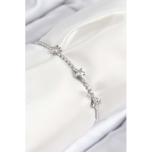 Pirinç Zirkon Taşlı Yıldız Model Gümüş Renk Asansörlü Kadın Bileklik