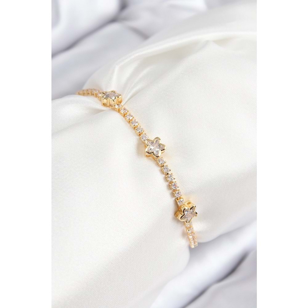 Pirinç Zirkon Taşlı Yıldız Model Gold Renk Asansörlü Kadın Bileklik