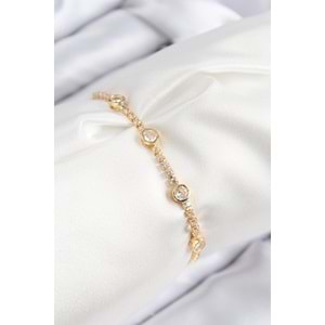 Pirinç Zirkon Taşlı Daire Model Gold Renk Asansörlü Kadın Bileklik