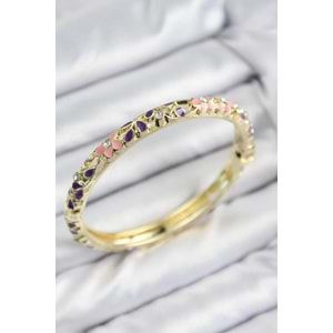 Mineli Pirinç Zirkon Taşlı Pembe Mor Çiçek Motifli Gold Kadın Kelepçe