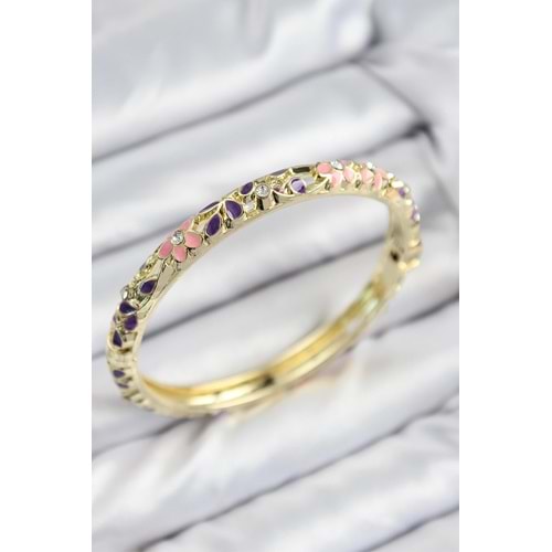 Mineli Pirinç Zirkon Taşlı Pembe Mor Çiçek Motifli Gold Kadın Kelepçe