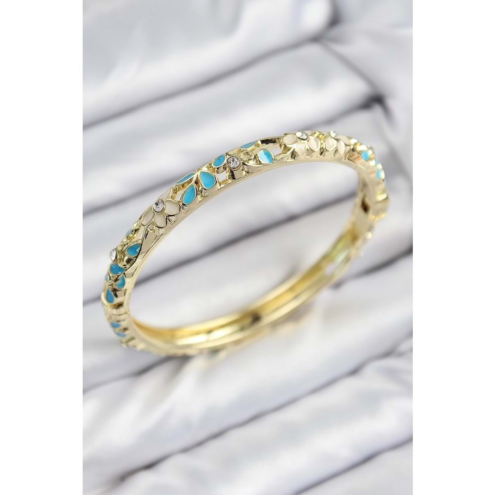 Mineli Pirinç Zirkon Taşlı Turkuaz Krem Çiçek Motifli Gold Kadın Kelepçe