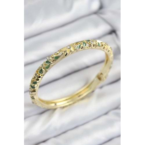 Mineli Pirinç Zirkon Taşlı Yeşil Sarı Çiçek Motifli Gold Kadın Kelepçe