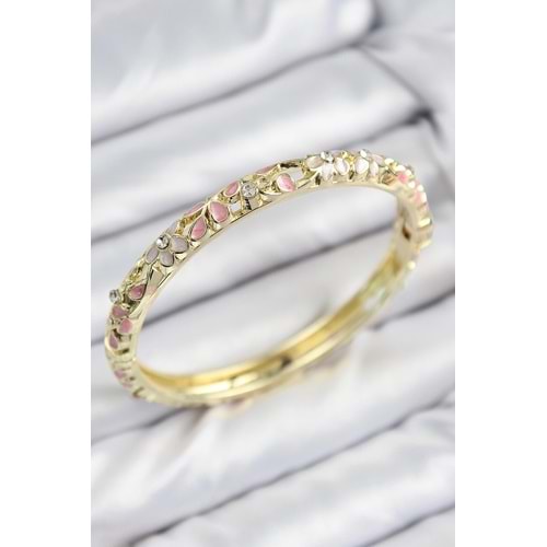 Mineli Pirinç Zirkon Taşlı Pembe Çiçek Motifli Gold Kadın Kelepçe