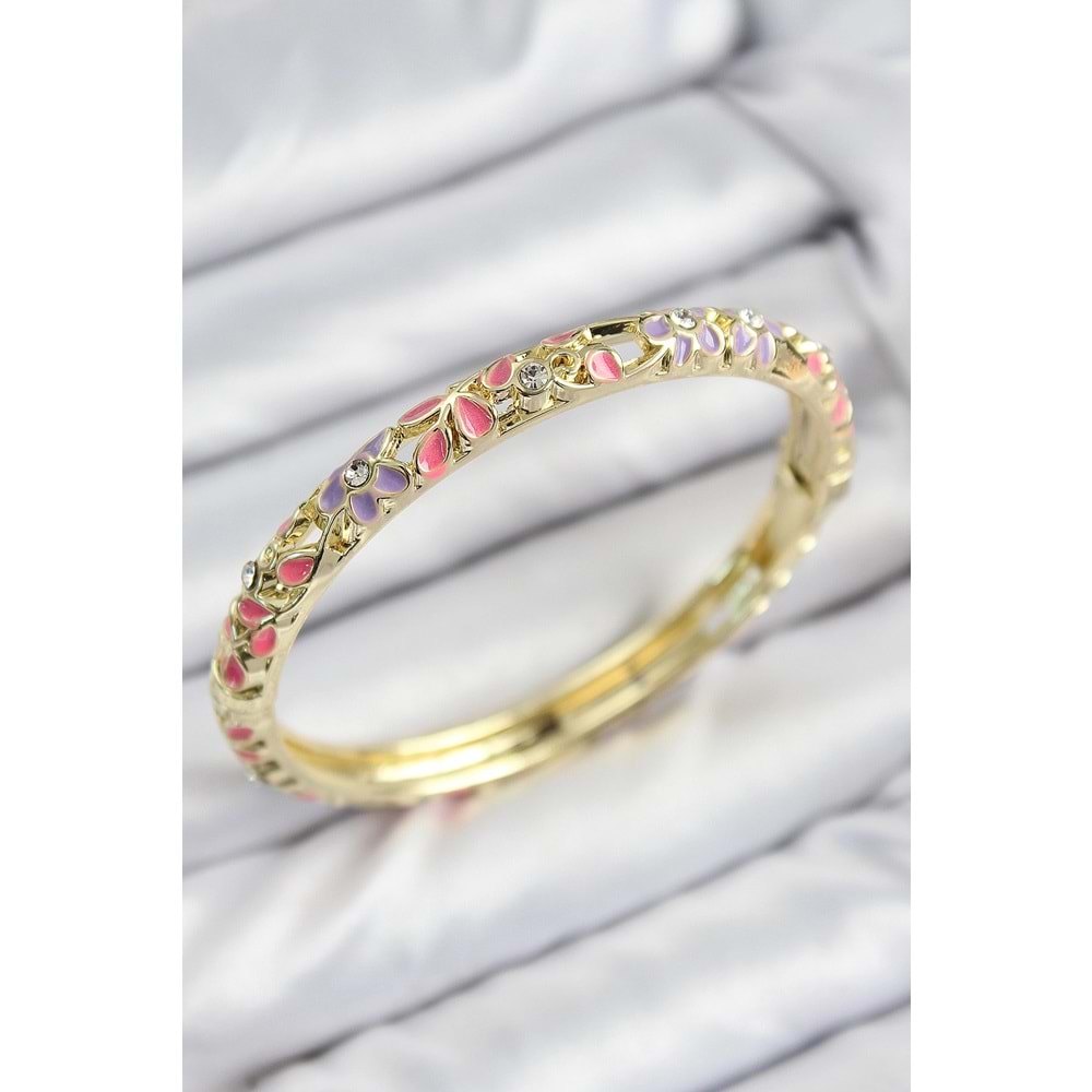 Mineli Pirinç Zirkon Taşlı Pembe Mor Çiçek Motifli Gold Kadın Kelepçe