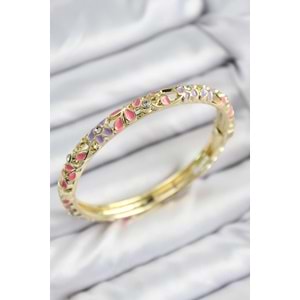 Mineli Pirinç Zirkon Taşlı Pembe Mor Çiçek Motifli Gold Kadın Kelepçe