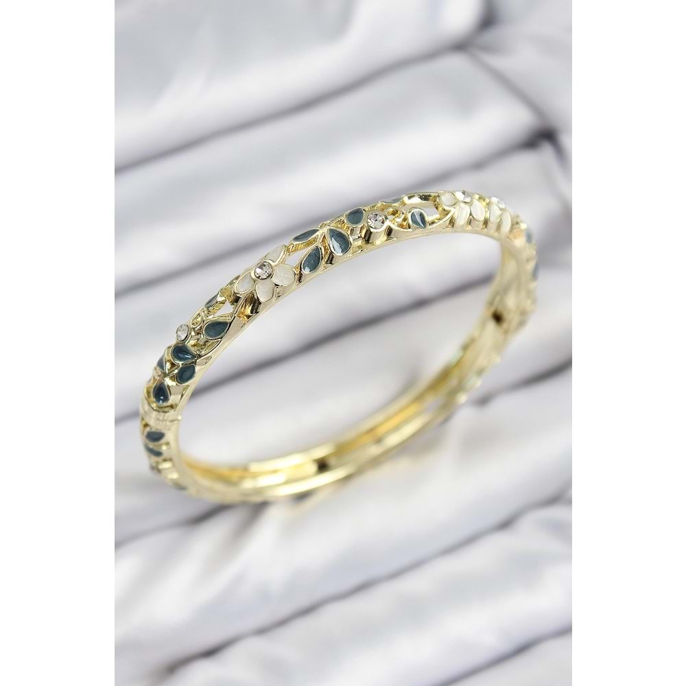 Mineli Pirinç Zirkon Taşlı Yeşil Krem Çiçek Motifli Gold Kadın Kelepçe