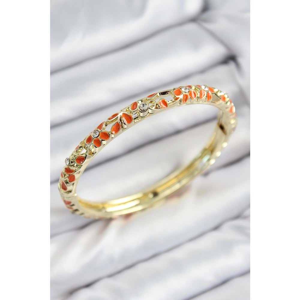 Mineli Pirinç Zirkon Taşlı Turuncu Çiçek Motifli Gold Kadın Kelepçe