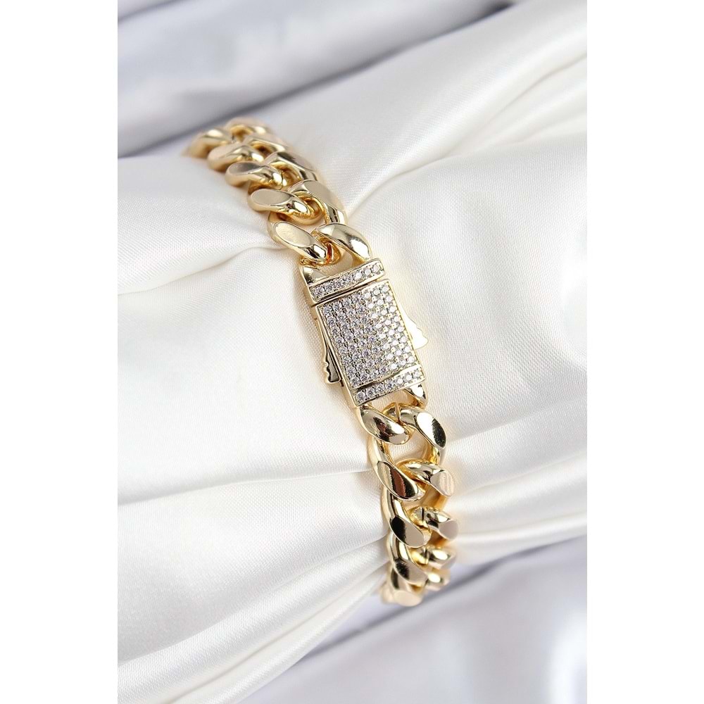 VIP Pirinç Zirkon Taşlı Klasik Zincir Model Gold Renk Kadın Bileklik