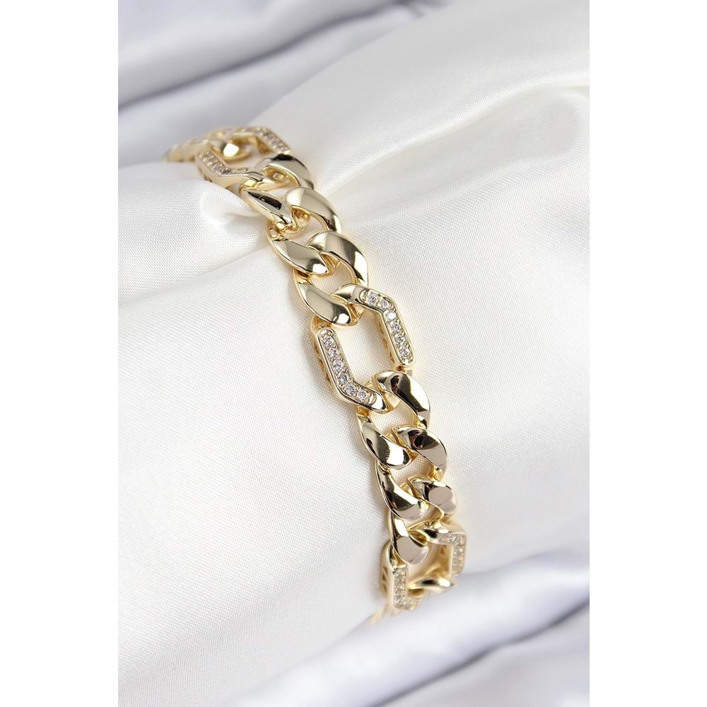 VIP Pirinç Zirkon Taşlı Parçalı Zincir Model Gold Renk Kadın Bileklik