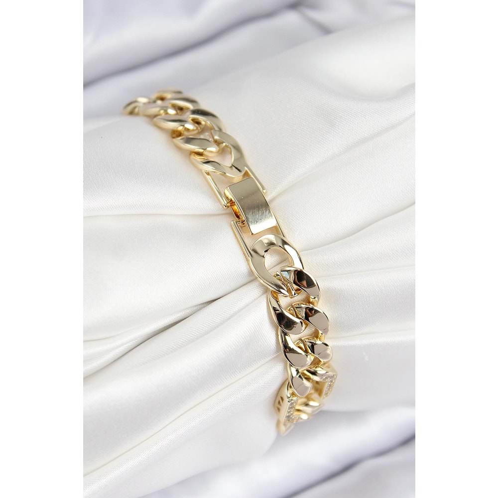 VIP Pirinç Zirkon Taşlı Parçalı Zincir Model Gold Renk Kadın Bileklik