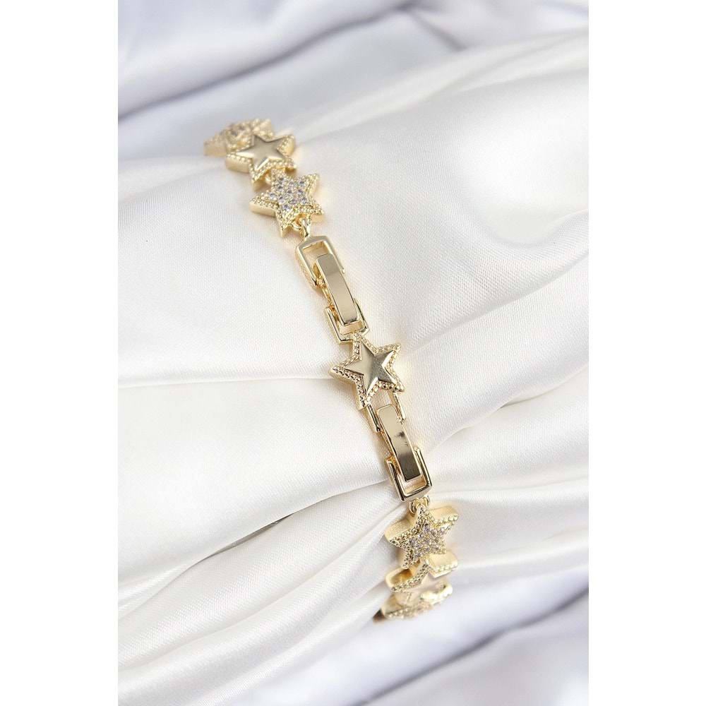VIP Pirinç Zirkon Taşlı Yıldız Model Gold Renk Kadın Bileklik