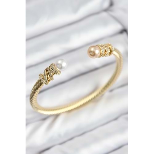 316L Çelik Zirkon Taşlı İnci Model Gold Renk Kadın Bileklik