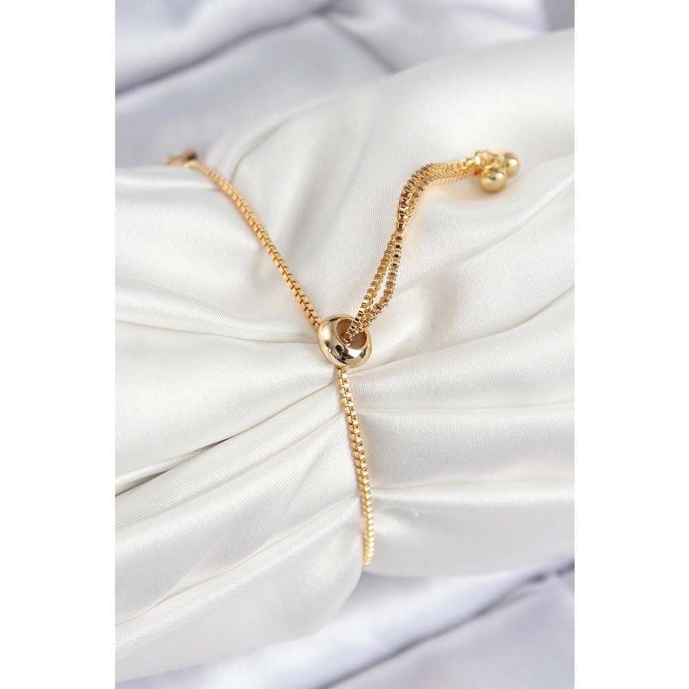 Pirinç Zirkon Taşlı Kare Model Gold Renk Asansörlü Kadın Bileklik