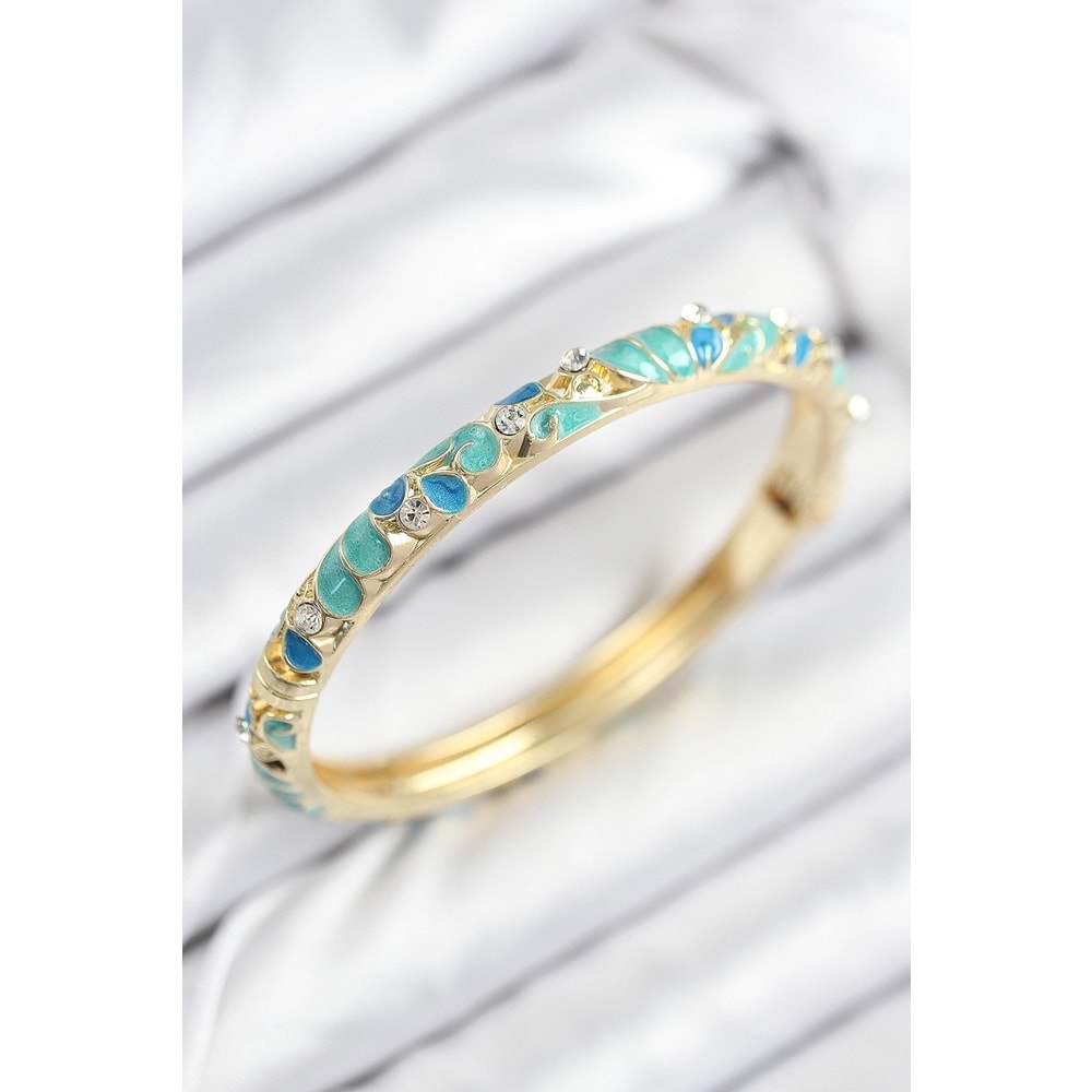 Mineli Pirinç Zirkon Taşlı Turkuaz Mavi Çiçek Motifli Gold Kadın Kelepçe
