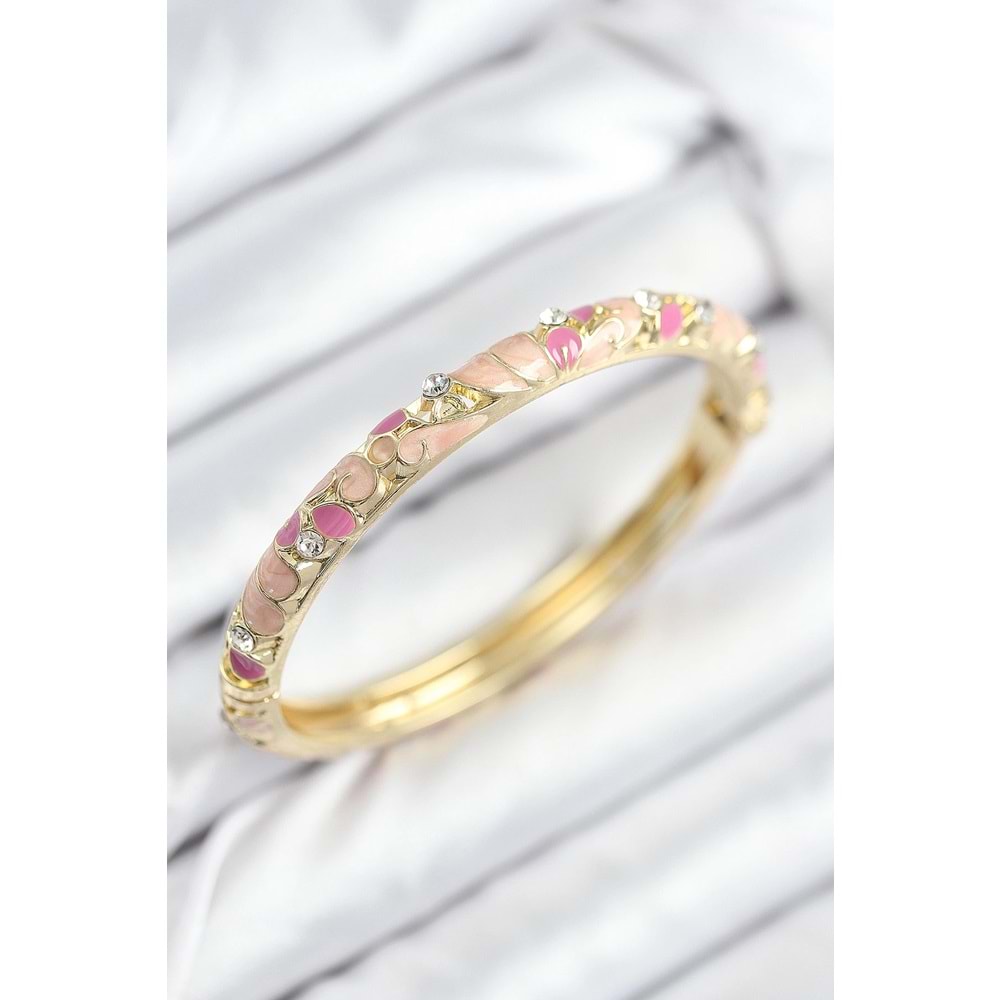 Mineli Pirinç Zirkon Taşlı Pembe Çiçek Motifli Gold Kadın Kelepçe