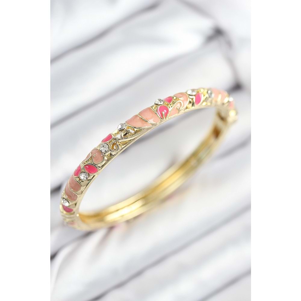 Mineli Pirinç Zirkon Taşlı Pembe Çiçek Motifli Gold Kadın Kelepçe