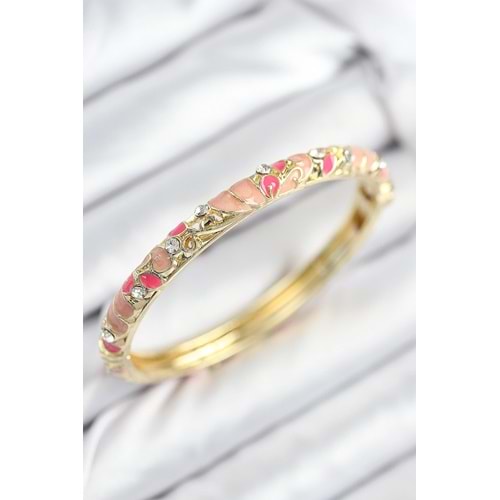 Mineli Pirinç Zirkon Taşlı Pembe Çiçek Motifli Gold Kadın Kelepçe